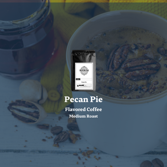 Pecan Pie flavored coffee package with a blurred background of coffee beans and a cup