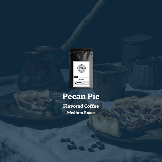 Pecan Pie flavored coffee package with pies and a mug on a dark background