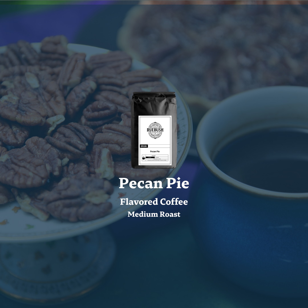 Pecan pie flavored coffee package with pecans and a cup in the background