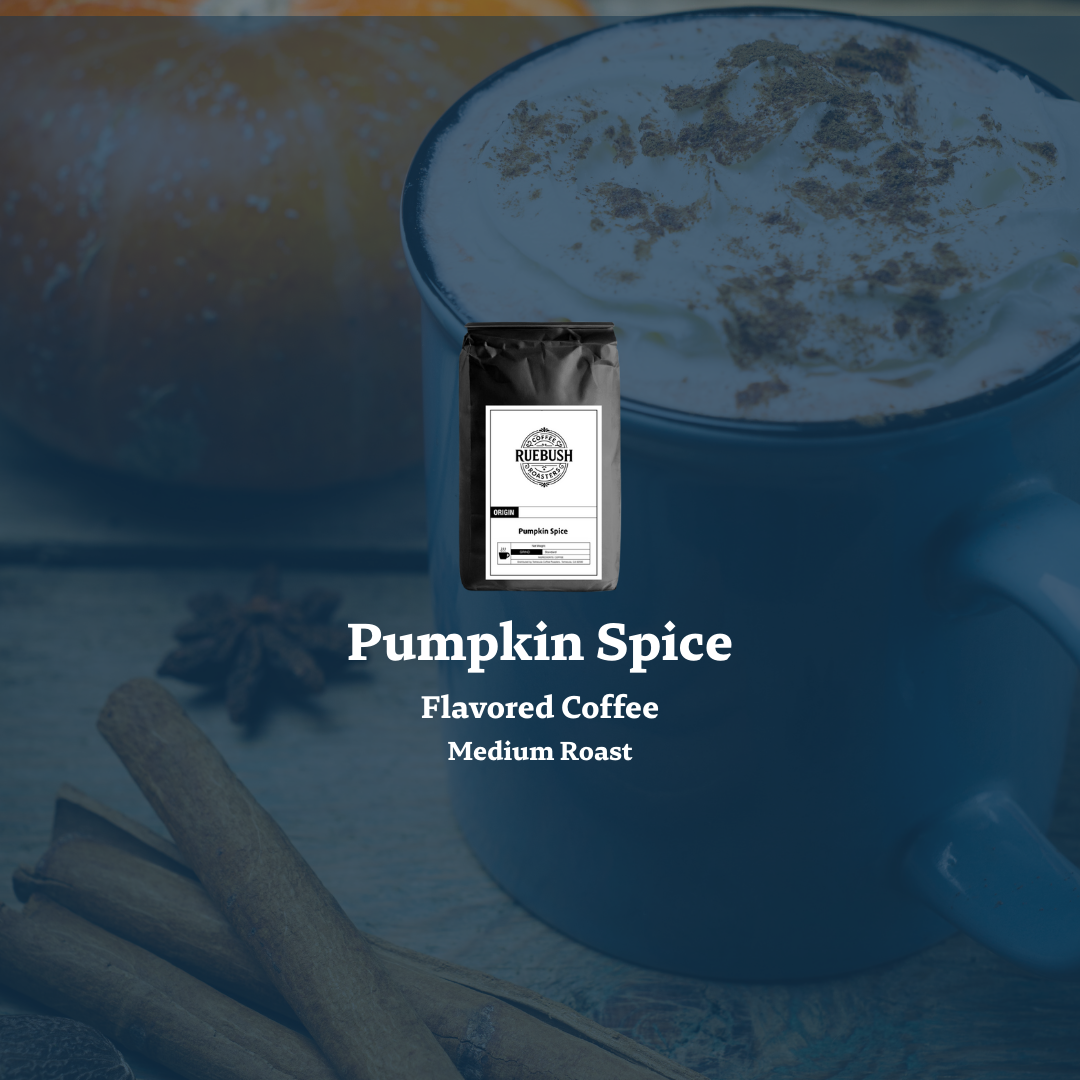 Pumpkin Spice flavored coffee package with a blurred coffee cup in the background