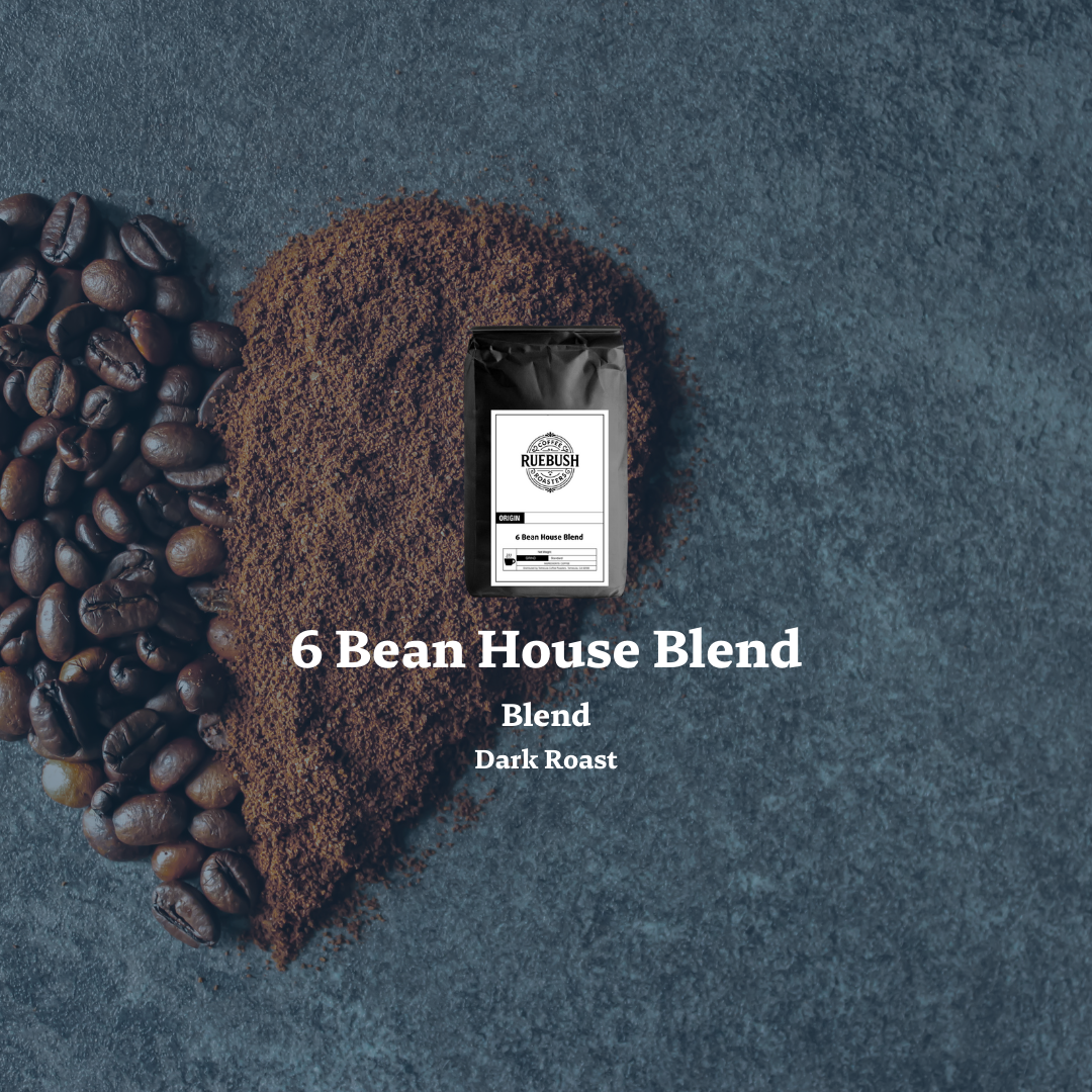 Coffee beans and ground coffee in a heart shape with a 6 bean coffee blend package on a dark background