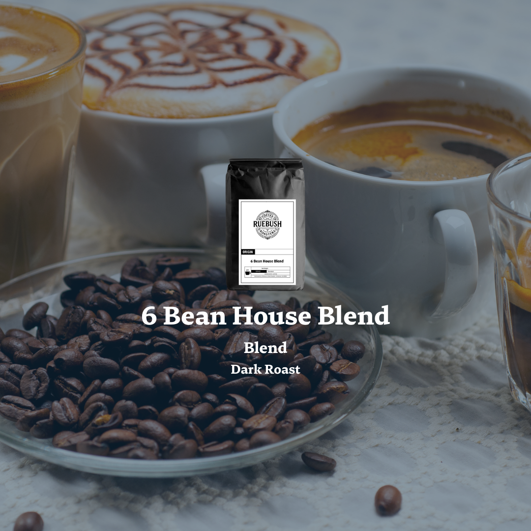 Coffee beans, a coffee bag labeled 6 Bean House Blend and cups of coffee on a textured surface.