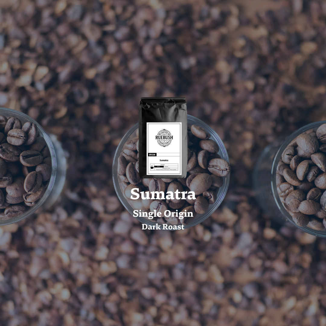 Sumatra single origin dark roast coffee package surrounded by coffee beans