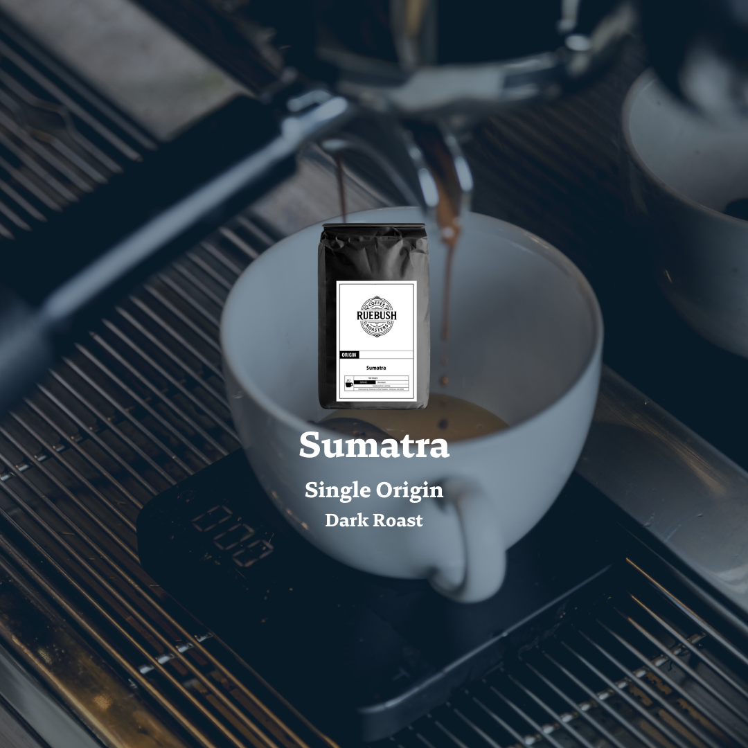 Coffee being poured into a white cup with Sumatra Single Origin Dark Roast label on a coffee machine