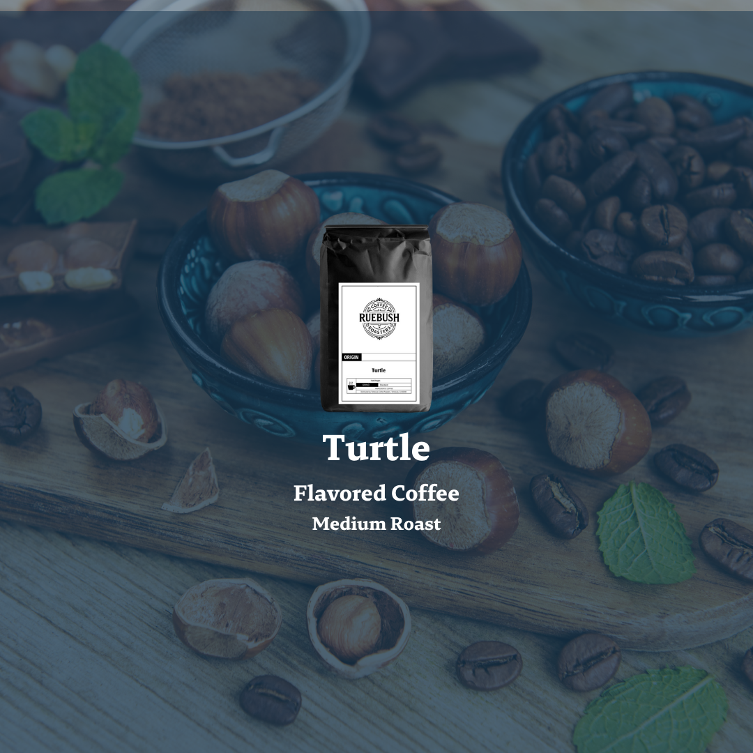 Turtle flavored coffee package on a wooden board with coffee beans and nuts