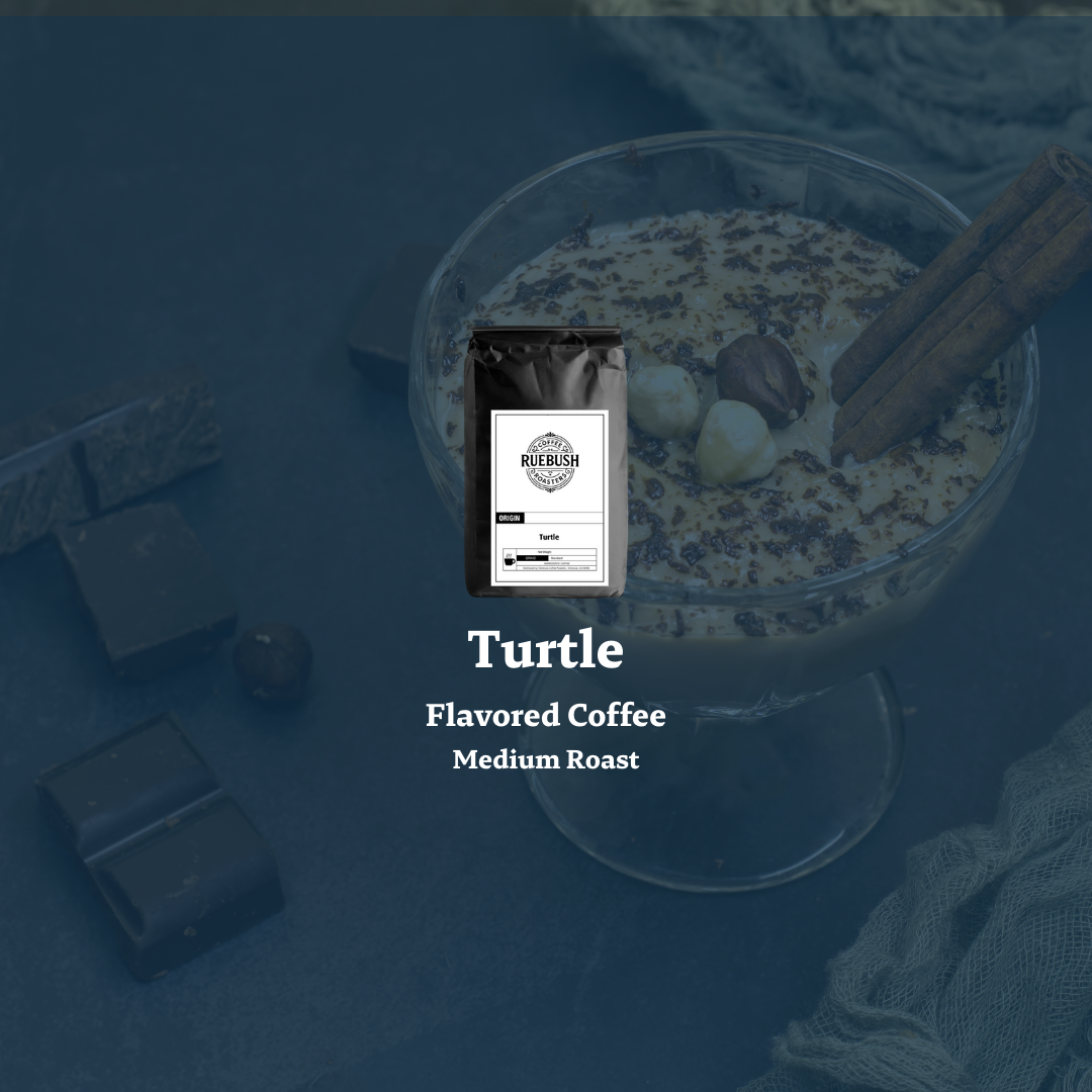 Coffee package labeled Turtle Flavored Coffee Medium Roast on a dessert plate with chocolate and cream
