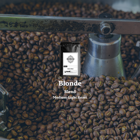 Coffee grinder with coffee beans and a bag labeled Blonde Blend on top