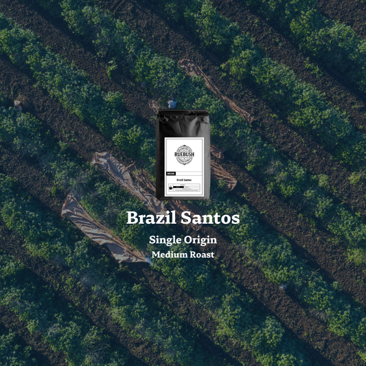 Aerial view of coffee plantation in Brazil with Brazil Santos coffee label and text indicating single origin and medium roast
