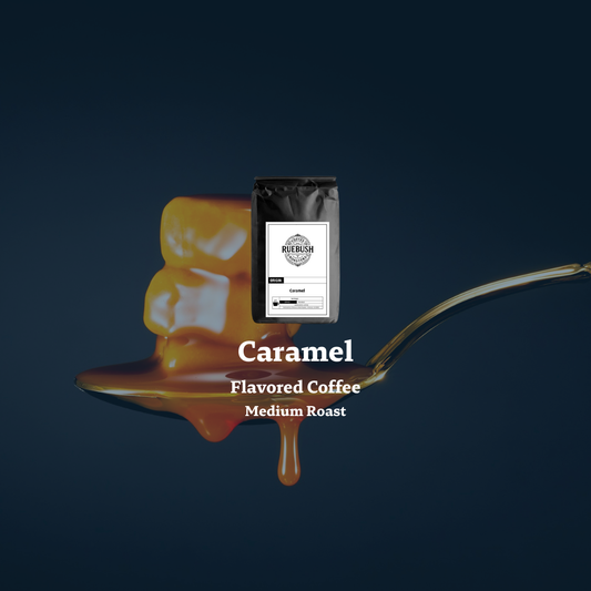 Caramel flavored coffee package on a spoon with caramel sauce, against a dark background