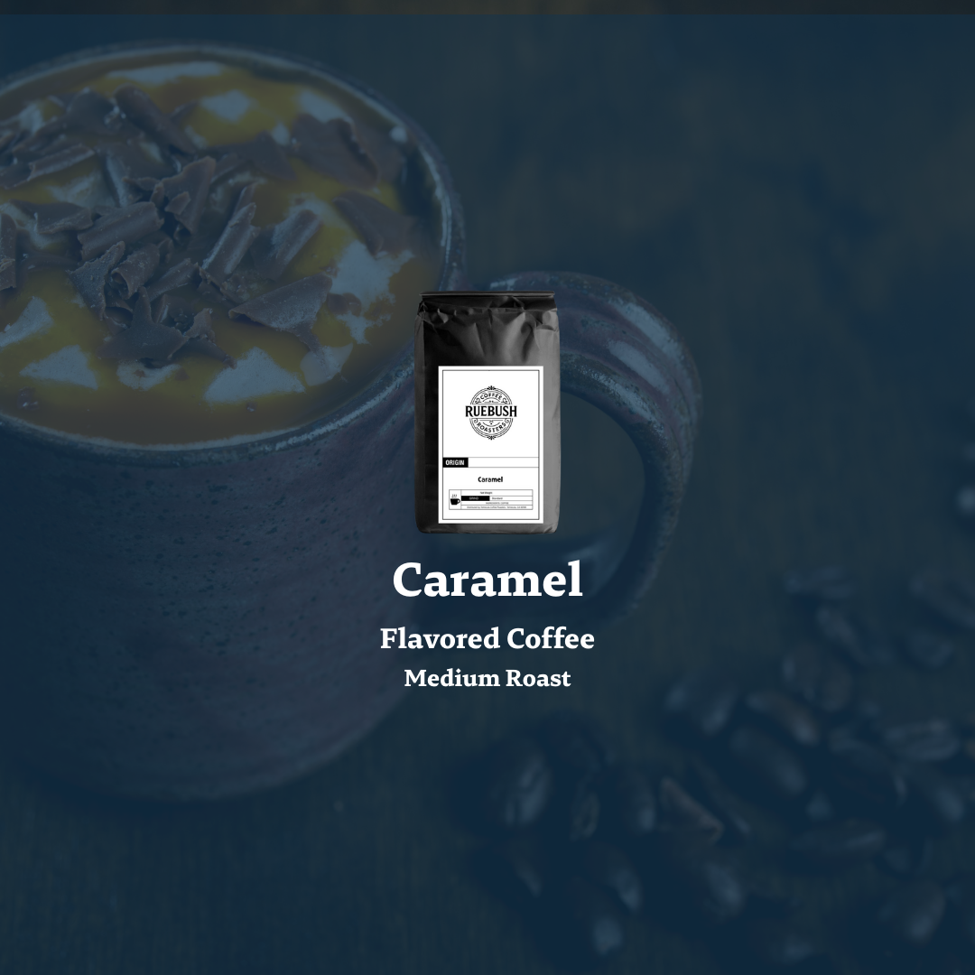 Caramel flavored coffee package with a blurred background