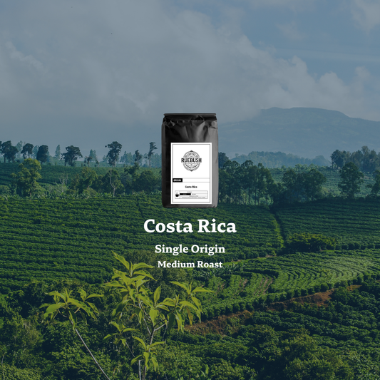 Coffee plantation in Costa Rica with text overlay indicating Single Origin Medium Roast