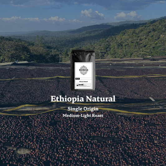 Aerial view of a coffee farm with text saying Ethiopia Natural Single Origin Medium-Light Roast