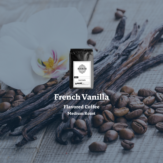 French Vanilla flavored coffee package with vanilla beans and coffee beans on a wooden surface