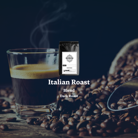 Glass of Italian Roast coffee blend with coffee beans and a scoop on a dark background