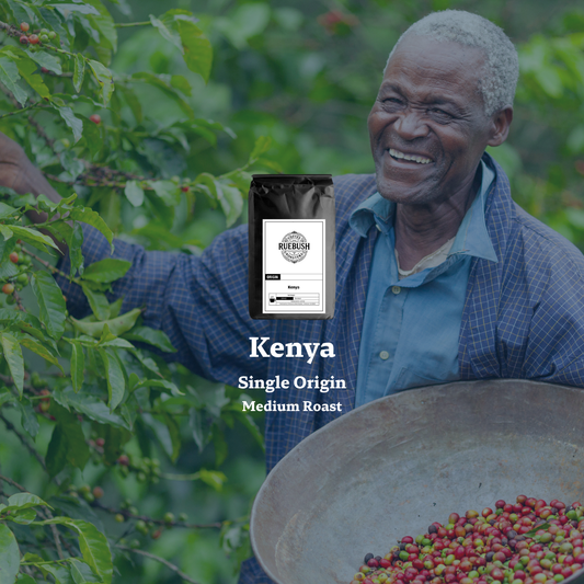 Man holding a pan of coffee beans with a coffee bag labeled Kenya Single Origin Medium Roast in the foreground