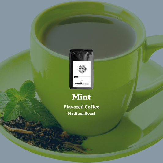 Green cup of mint-flavored coffee with a coffee package on a light blue background