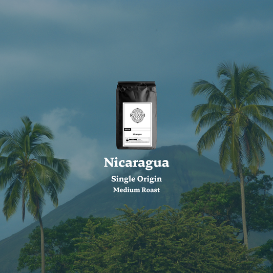 Coffee bag labeled Nicaragua Single Origin Medium Roast with palm trees and mountain in the background