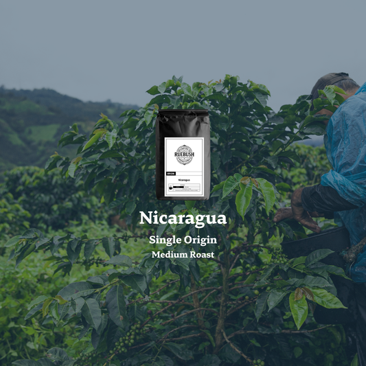Coffee bag labeled Nicaragua Single Origin Medium Roast over a background of a coffee farmer and coffee plants