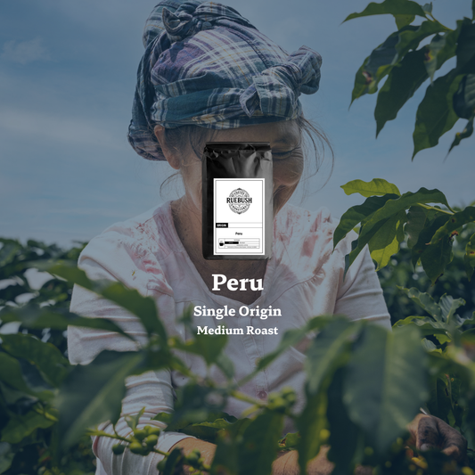 Person in a coffee field with a coffee bag labeled Peru Single Origin Medium Roast overlayed