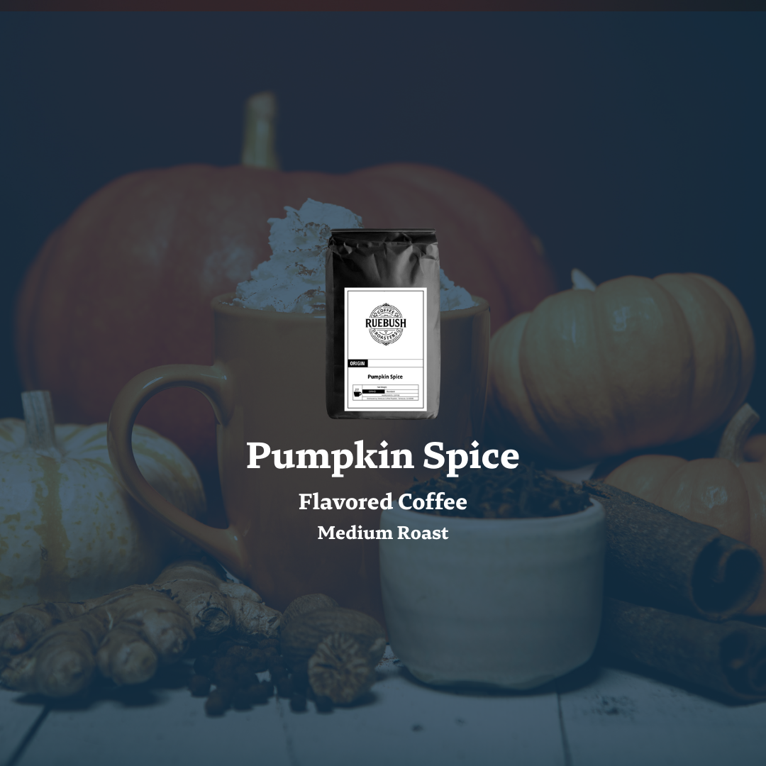 Pumpkin Spice flavored coffee package with pumpkins and cinnamon sticks on a dark background