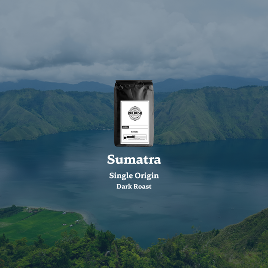 Sumatra single origin dark roast coffee package with a scenic background of mountains and a lake.
